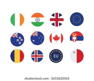 International Flag Round Icon Collection. Global Emblem Clipart for National Identity and Cultural Design ,Vector EPS Fully Editable File.