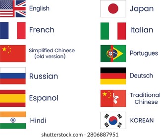 International Flags Language Selector, Global Localization Interface Buttons, Professional Web Translation UI Element