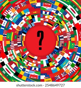 International flags stretched out into tunnel with distant exit. Solution to complex global problem of confrontation. Square vector template