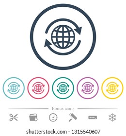 International flat color icons in round outlines. 6 bonus icons included.