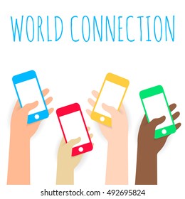 International flat Hands holding phone infographic. Vector icon web app. Info graphics. Wireless technologies people. Trending gadget flat style shadow material infographic.  flat Hands holding phone.