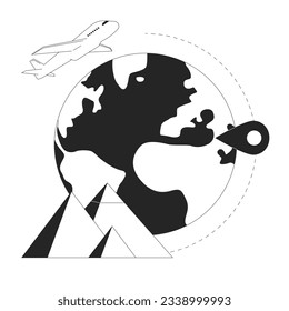 International flight flat line concept vector spot illustration. Airplane around world 2D cartoon flat line monochrome objects for web UI design. Egypt destination editable isolated outline hero image