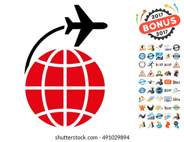 International Flight icon with 2017 year bonus vector design elements. Clipart style is flat symbols, white background.