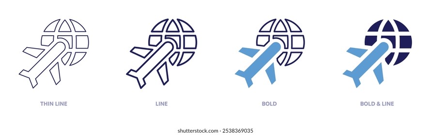 International flight icon in 4 different styles. Thin Line, Line, Bold, and Bold Line. Duotone style. Editable stroke.