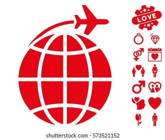 International Flight icon with bonus lovely symbols. Vector illustration style is flat iconic red symbols on white background.