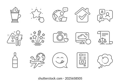 International flight, Latte coffee and Support chat line icons set. Ranking star, Recovery data and Fireworks stars signs. Photo camera, Yummy smile and Coffee vending symbols. Line icons set. Vector