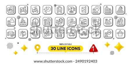 International flight, Online storage and Push cart line icons pack. 3d design elements. Bike app, Food delivery, Car service web icon. Book car, Journey, Roller coaster pictogram. Vector