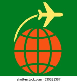 International Flight vector icon. Style is flat bicolor orange and yellow symbol, rounded angles, green background.