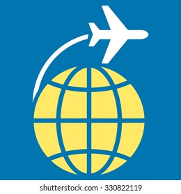 International Flight vector icon. Style is flat bicolor yellow and white symbol, rounded angles, blue background.