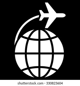 International Flight vector icon. Style is flat white symbol, rounded angles, black background.