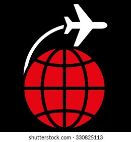 International Flight vector icon. Style is flat bicolor red and white symbol, rounded angles, black background.