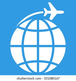 International Flight vector icon. Style is flat white symbol, rounded angles, blue background.