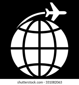 International Flight vector icon. Style is flat white symbol, rounded angles, black background.