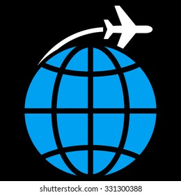 International Flight vector icon. Style is flat bicolor blue and white symbol, rounded angles, black background.