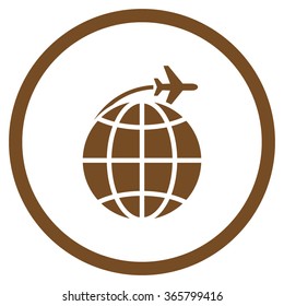 International Flight vector icon. Style is flat circled symbol, brown color, rounded angles, white background.
