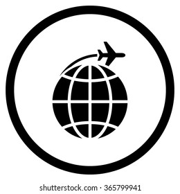 International Flight vector icon. Style is flat circled symbol, black color, rounded angles, white background.