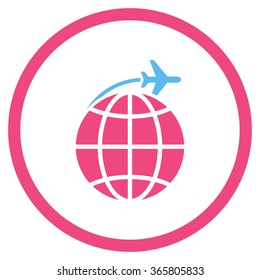 International Flight vector icon. Style is bicolor flat circled symbol, pink and blue colors, rounded angles, white background.