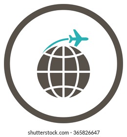 International Flight vector icon. Style is bicolor flat circled symbol, grey and cyan colors, rounded angles, white background.