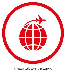 International Flight vector icon. Style is flat circled symbol, red color, rounded angles, white background.