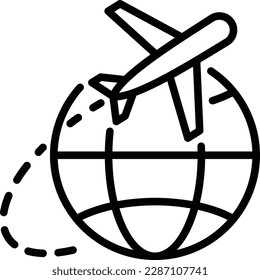 International flights thin line icon, airplane flying around globe. Modern vector illustration.