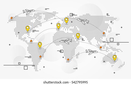 International flights vector illustration. Global communication with planes and paths creative concept. Worldwide airplane transportation graphic design.
