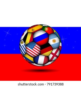 International football by world teams flags. Russia flag in the center, vector