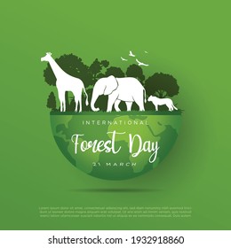 international forest day 21 march vector illustration. animal, tree, green greeting, wildlife, globe, earth eps.10