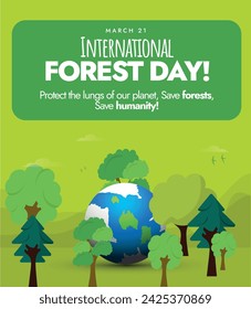 Día Internacional de los Bosques. 21 de marzo, Día Internacional de los Bosques 2024 banner de celebración con árboles verdes en diferentes tonos y formas y un globo terráqueo. Banner sobre bosques y sensibilización a la innovación. 