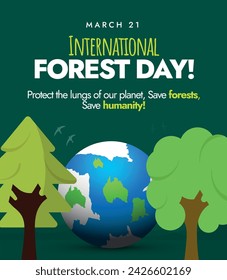 International Forest Day. 21 March, International Forest Day 2024 celebration banner with birds icon, green trees in different shades and  an earth globe. Forests and innovation awareness banner. 