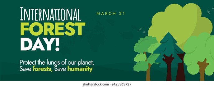 International Forest Day. March 21, International Forest Day celebration cover banner in dark green background with trees of different shapes and different green colour shades. Forests and innovation.
