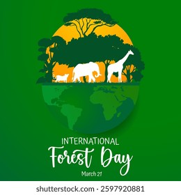 International Forest Day - March 21. A lush forest, wild animals, and a glowing sun, symbolizing biodiversity and the global importance of forest conservation.