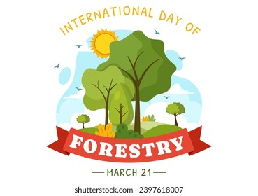 International Forest Day Vector Illustration on 21 March with Plants, Trees, Green Fields and Various Wildlife to Economic Forestry in Background