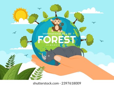 International Forest Day Vector Illustration on 21 March with Plants, Trees, Green Fields and Various Wildlife to Economic Forestry in Background