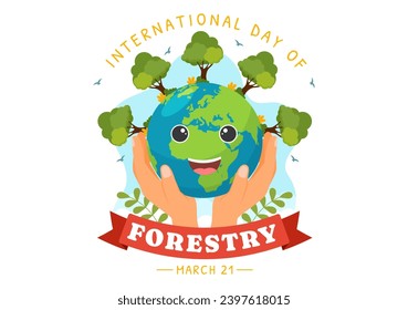 International Forest Day Vector Illustration on 21 March with Plants, Trees, Green Fields and Various Wildlife to Economic Forestry in Background