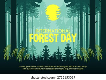International Forest Day Vector Poster with Forest Trees and Moon in Flat Design