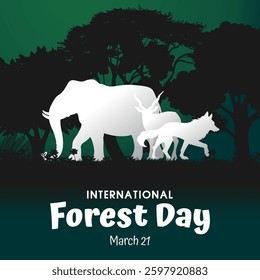 International Forest Day Wildlife Poster. A forest-themed illustration featuring silhouettes of wild animals, highlighting the importance of nature conservation.