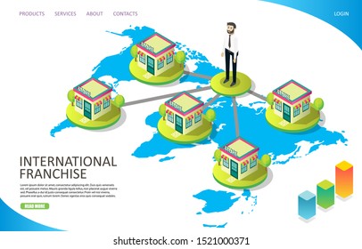 International franchise vector website template, web page and landing page design for website and mobile site development. Franchising and branch network, world franchise, global chain store concept.