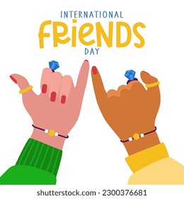 International Friends Day. Two friends with identical jewelry stretch their little fingers to each other to demonstrate unity and an oath. Girls promise each other that friends are forever Flat design
