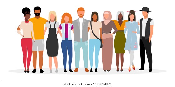 International friends flat vector illustration. Multicultural community, society, collaboration. Multiracial people hugging cartoon characters. Unity in diversity. Caucasian and black men, women