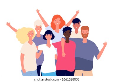 International friends. Multiethnic friendship, happy young people group. Ethnic adult character, diversity friendly men women vector concept