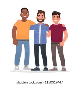 International friendship. African american, caucasian man and Asian together hugging. Vector illustration in cartoon style