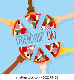 International friendship day. 30 July. Pizza pieces for friends. People eat pizza together. Vector illustration.
