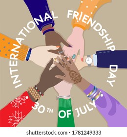 International Friendship Day 30th of July banner. Multi ethnic diverse friends hold hands together in circle. Different but best friends. Happiness, joy, trust concept vector template for web, poster