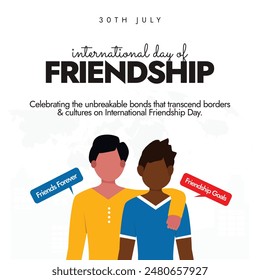 International Friendship Day. 30th July  International Friendship day celebration banner with two young boys standing friendly. The day is celebrated for friendship between peoples, countries, culture