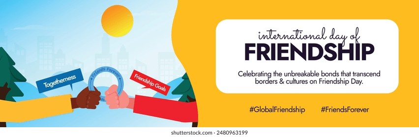 International friendship day. 30th July Happy friendship day celebration, wishing cover banner, social media post with two friends holding a ring with text friends forever. 