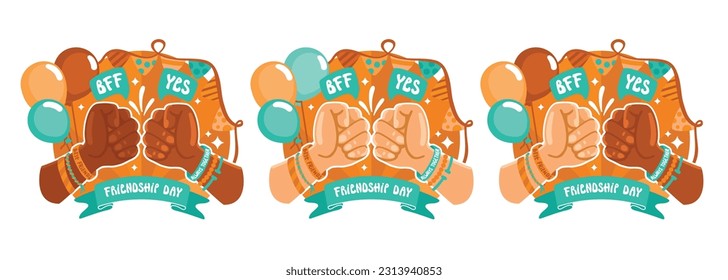 International friendship day banners set. Logo with two hands.  Vector.