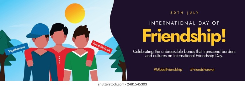 International friendship day celebration cover banner, social media post. 30th July friendship day banner with group of three friends. The theme for 2024 is Celebrating Bonds Across Borders.