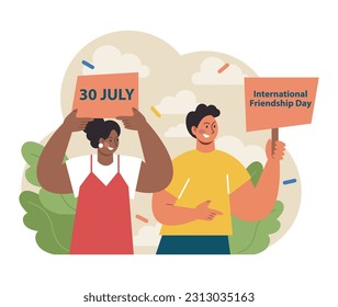 International friendship day. Cheerful characters celebrating a holiday of togetherness, unity and support. Best friends greeting together with banners and or flags. Flat vector illustration