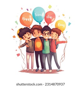 International Friendship Day Cute Cartoon Illustration with Young Boys and Girls of Hugging Together.