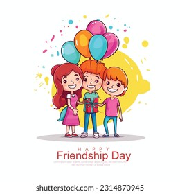 International Friendship Day Cute Cartoon Illustration with Young Boys and Girls of Hugging Together.